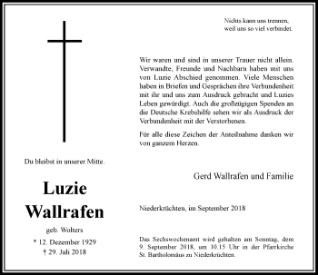 Traueranzeige von Luzie Wallrafen von Rheinische Post
