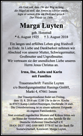 Traueranzeige von Marga Luyten von Rheinische Post