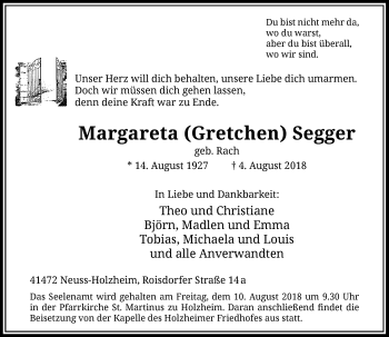 Traueranzeige von Margareta Gretchen Segger von Rheinische Post