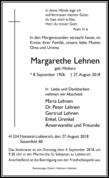 Traueranzeige von Margarethe Lehnen von Rheinische Post