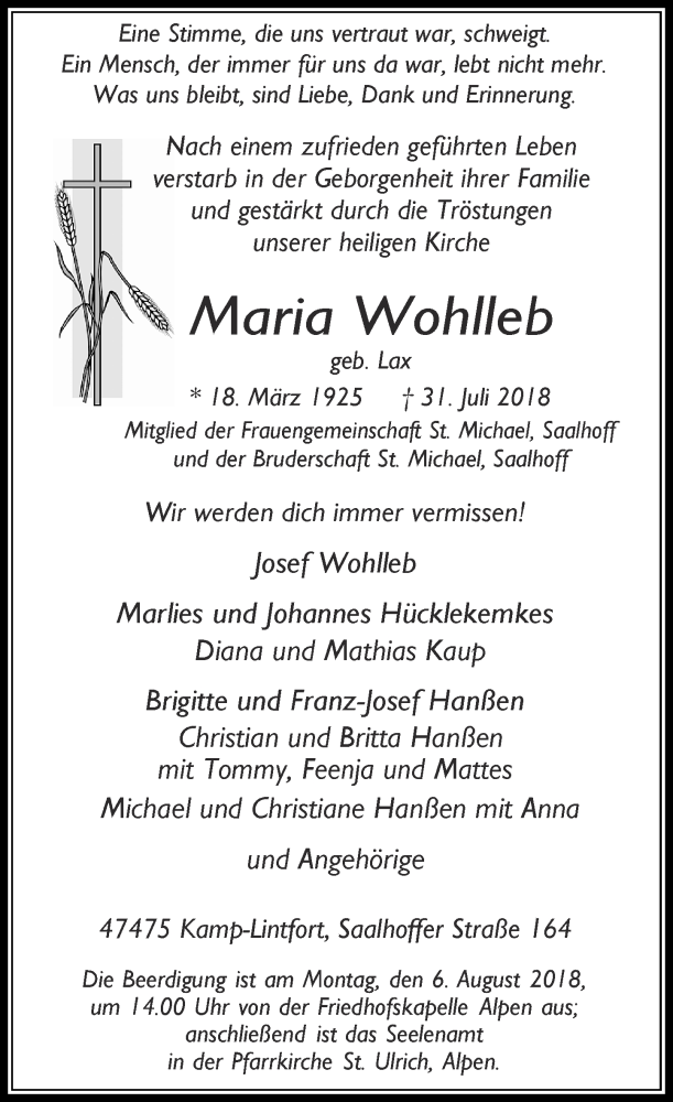  Traueranzeige für Maria Wohlleb vom 04.08.2018 aus Rheinische Post
