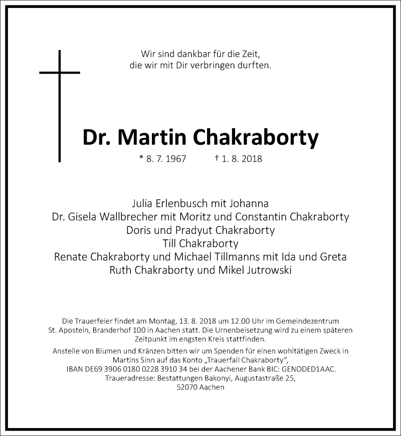  Traueranzeige für Martin Chakraborty vom 11.08.2018 aus Rheinische Post