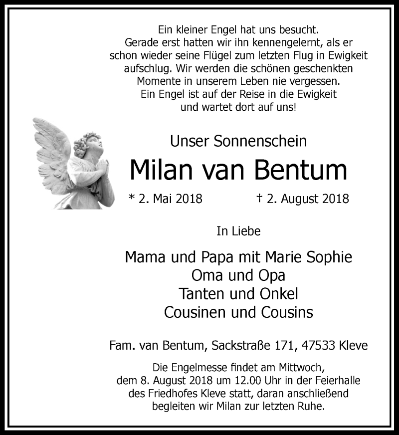  Traueranzeige für Milan van Bentum vom 06.08.2018 aus Rheinische Post
