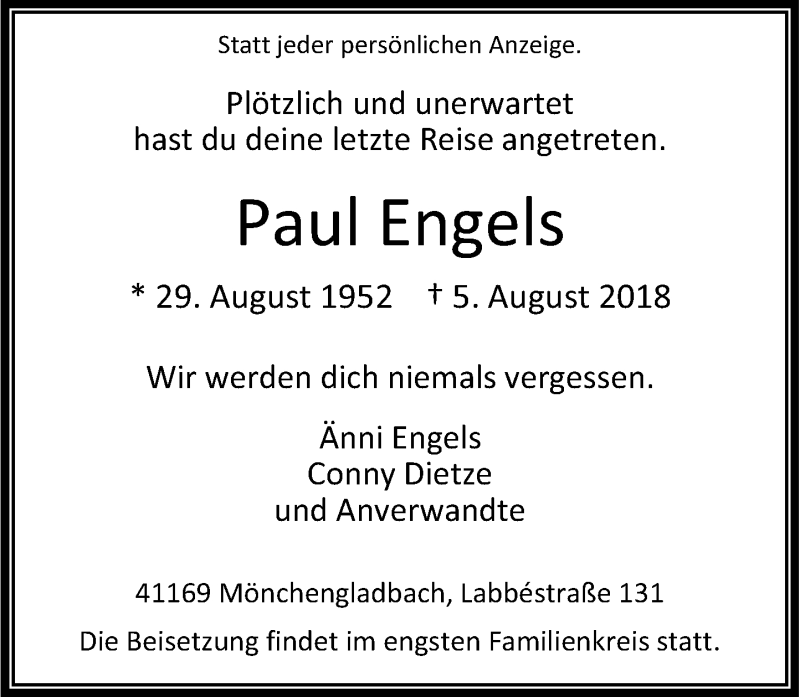  Traueranzeige für Paul Engels vom 11.08.2018 aus Rheinische Post