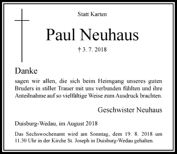 Traueranzeige von Paul Neuhaus von Rheinische Post