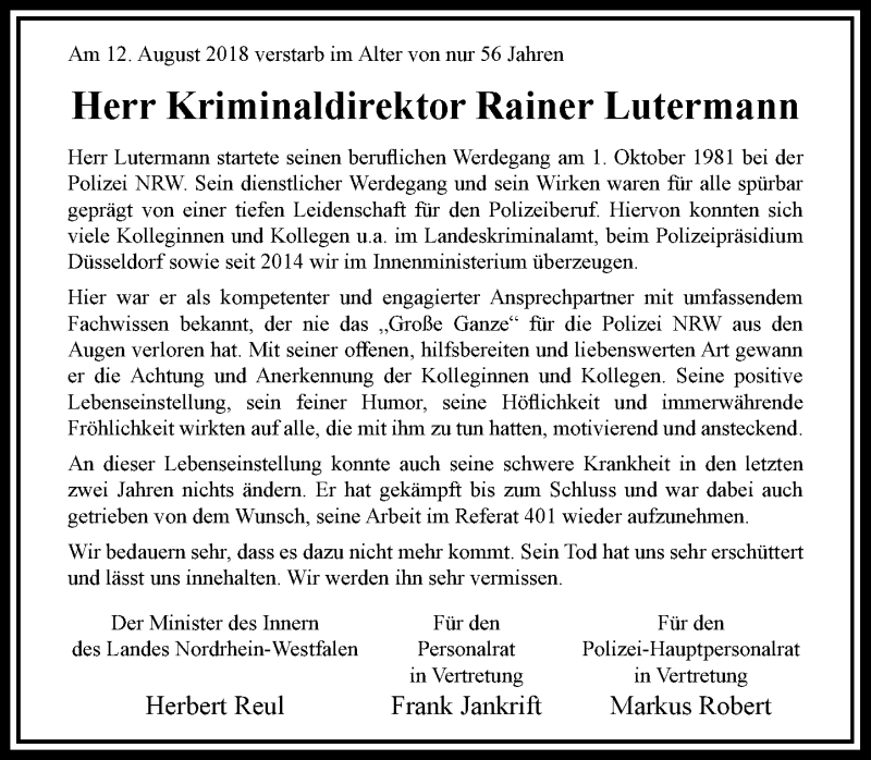  Traueranzeige für Rainer Lutermann vom 18.08.2018 aus Rheinische Post