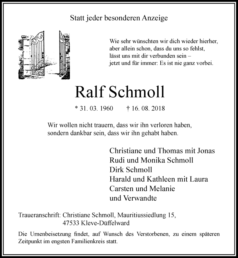  Traueranzeige für Ralf Schmoll vom 22.08.2018 aus Rheinische Post