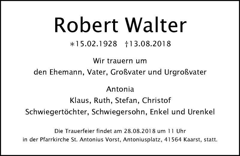  Traueranzeige für Robert Walter vom 18.08.2018 aus Rheinische Post