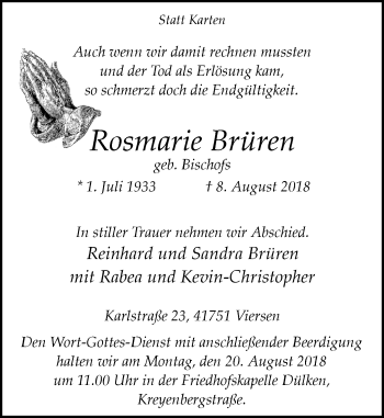 Traueranzeige von Rosmarie Brüren von Rheinische Post