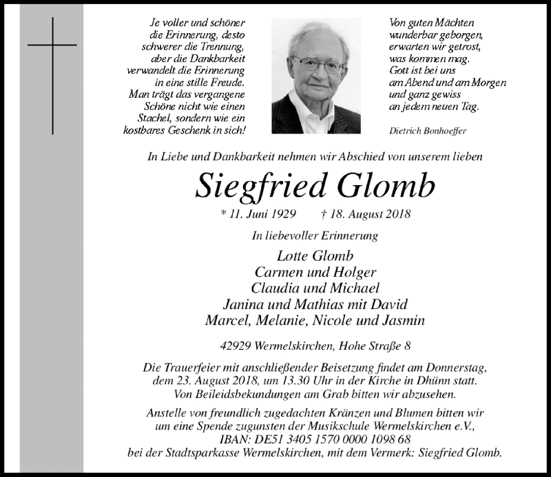  Traueranzeige für Siegfried Glomb vom 21.08.2018 aus Rheinische Post