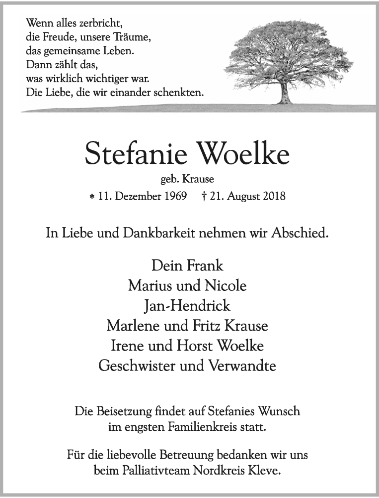  Traueranzeige für Stefanie Woelke vom 25.08.2018 aus Rheinische Post