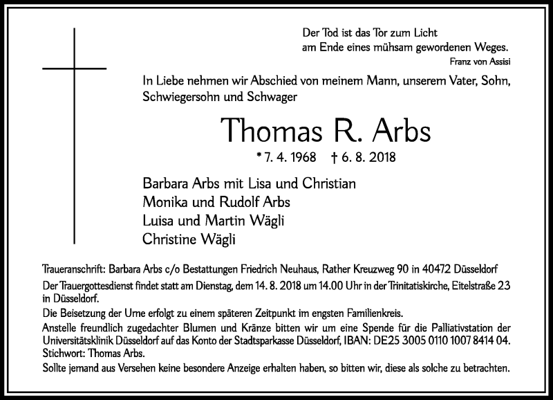  Traueranzeige für Thomas R. Arbs vom 11.08.2018 aus Rheinische Post
