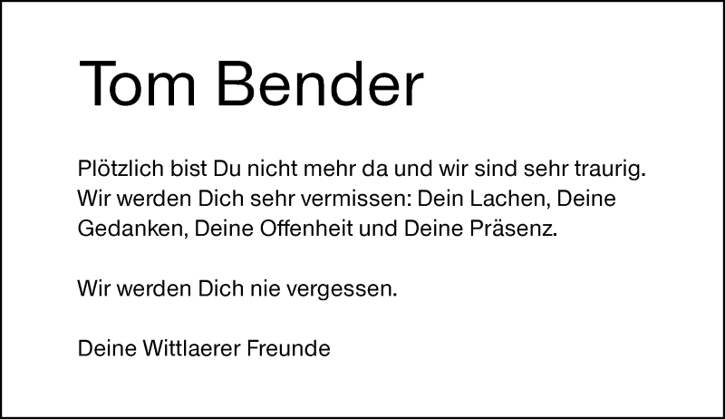  Traueranzeige für Tom Bender vom 18.08.2018 aus Rheinische Post