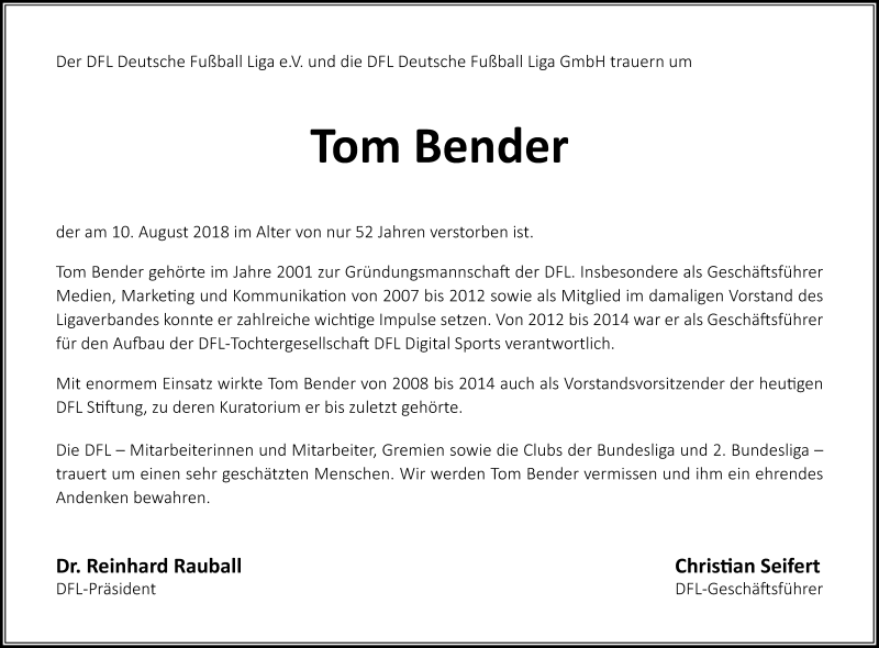  Traueranzeige für Tom Bender vom 18.08.2018 aus Rheinische Post