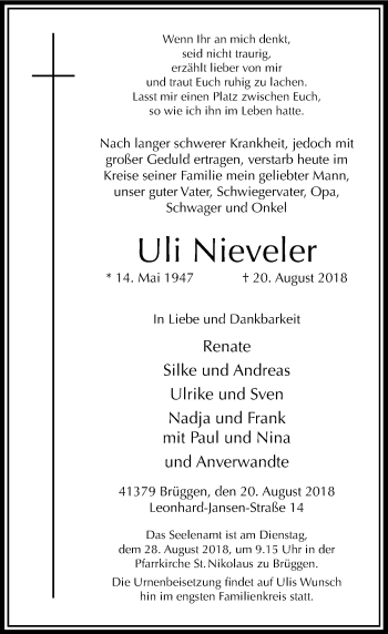 Traueranzeige von Uli Nieveler von Rheinische Post