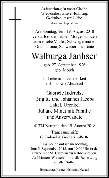 Traueranzeige von Walburga Janhsen von Rheinische Post