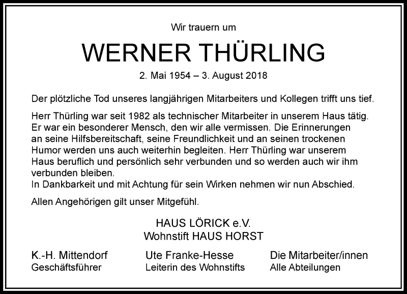  Traueranzeige für Werner Thürling vom 11.08.2018 aus Rheinische Post