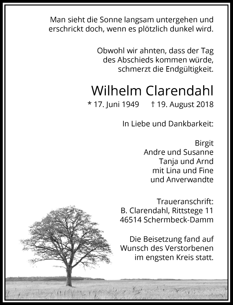  Traueranzeige für Wilhelm Clarendahl vom 25.08.2018 aus Rheinische Post