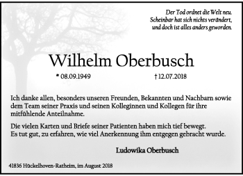 Traueranzeige von Wilhelm Oberbusch von Rheinische Post