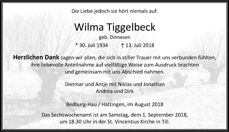 Traueranzeige für Wilma Tiggelbeck vom 25.08.2018 aus Rheinische Post