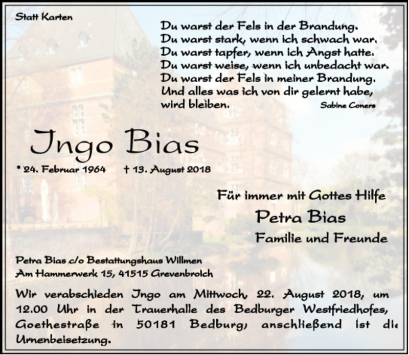  Traueranzeige für Ingo Bias vom 18.08.2018 aus Rheinische Post