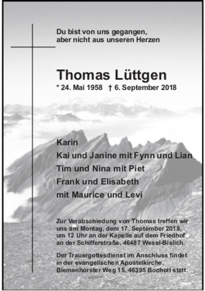  Traueranzeige für Thomas Lüttgen vom 11.09.2018 aus Rheinische Post