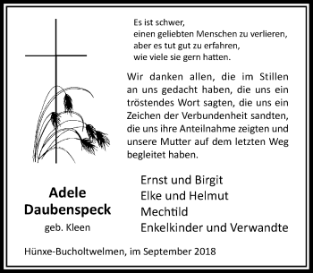 Traueranzeige von Adele Daubenspeck von Rheinische Post