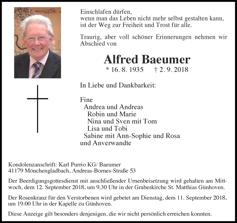 Alle Traueranzeigen für Alfred Baeumer | trauer.rp-online.de