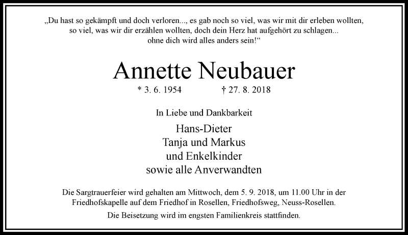  Traueranzeige für Annette Neubauer vom 01.09.2018 aus Rheinische Post
