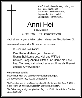 Traueranzeige von Anni Heil von Rheinische Post