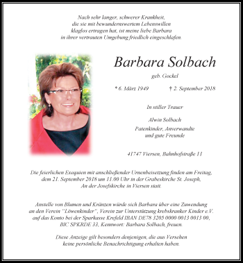Traueranzeige von Barbara Solbach von Rheinische Post