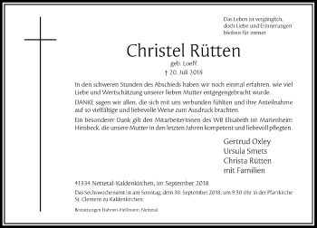 Traueranzeige von Christel Rütten von Rheinische Post