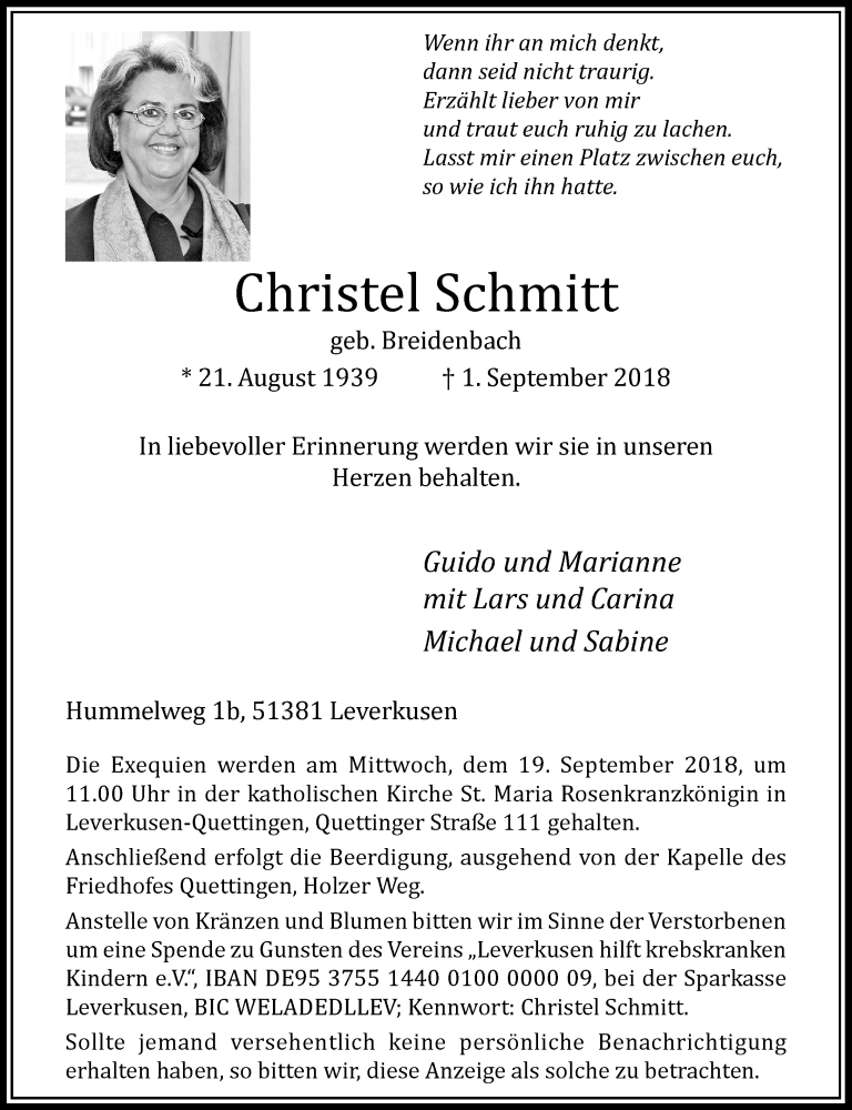 Traueranzeige für Christel Schmitt vom 08.09.2018 aus Rheinische Post