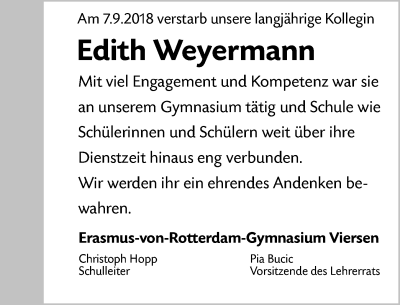  Traueranzeige für Edith Weyermann vom 14.09.2018 aus Rheinische Post