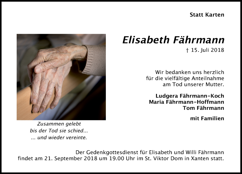  Traueranzeige für Elisabeth Fährmann vom 15.09.2018 aus Rheinische Post