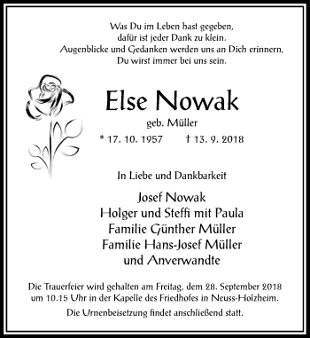 Traueranzeige von Else Nowak von Rheinische Post