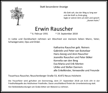 Traueranzeige von Erwin Rauscher von Rheinische Post