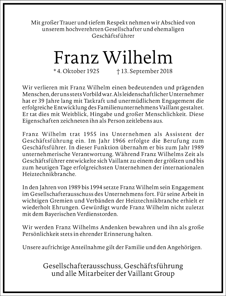  Traueranzeige für Franz Wilhelm vom 20.09.2018 aus Rheinische Post