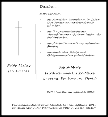Traueranzeige von Fritz Meies von Rheinische Post