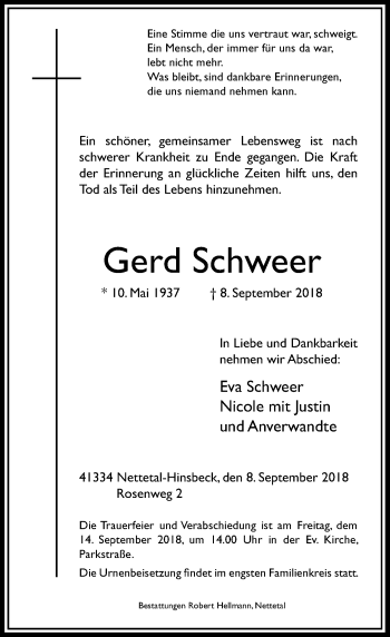 Traueranzeige von Gerd Schweer von Rheinische Post