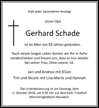 Traueranzeige von Gerhard Schade von Rheinische Post