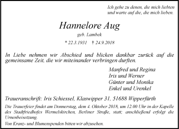 Traueranzeige von Hannelore Aug von Rheinische Post