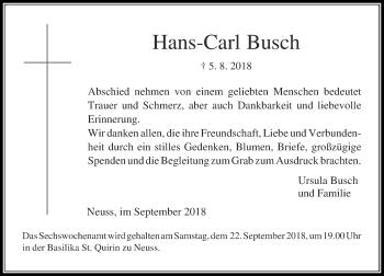 Traueranzeige von Hans-Carl Busch von Rheinische Post