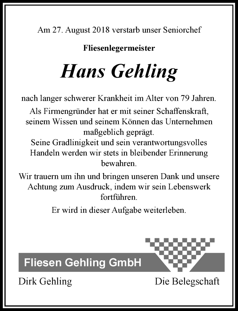  Traueranzeige für Hans Gehling vom 10.09.2018 aus Rheinische Post