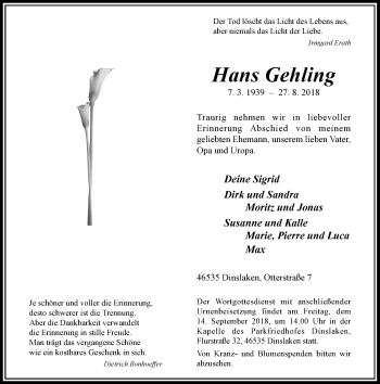 Traueranzeige von Hans Gehling von Rheinische Post