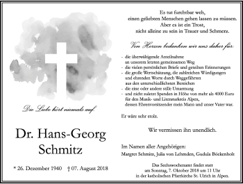 Traueranzeige von Hans-Georg Schmitz von Rheinische Post