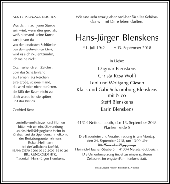Traueranzeige von Hans-Jürgen Blenskens von Rheinische Post