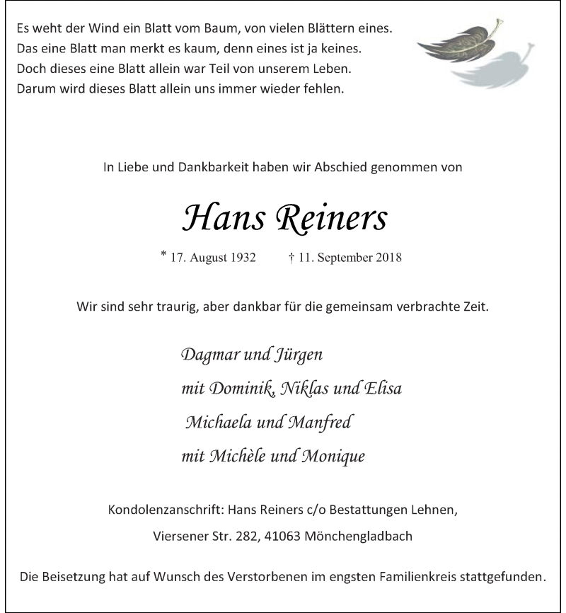 Traueranzeige für Hans Reiners vom 19.09.2018 aus Rheinische Post