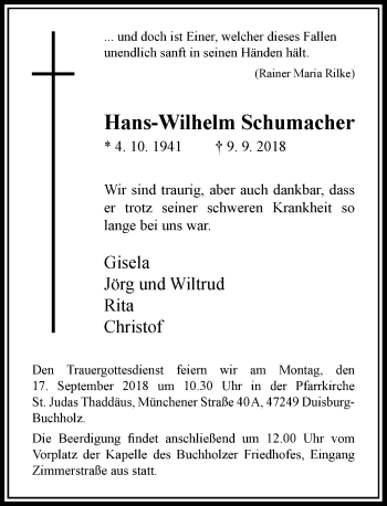 Traueranzeige von Hans-Wilhelm Schumacher von Rheinische Post