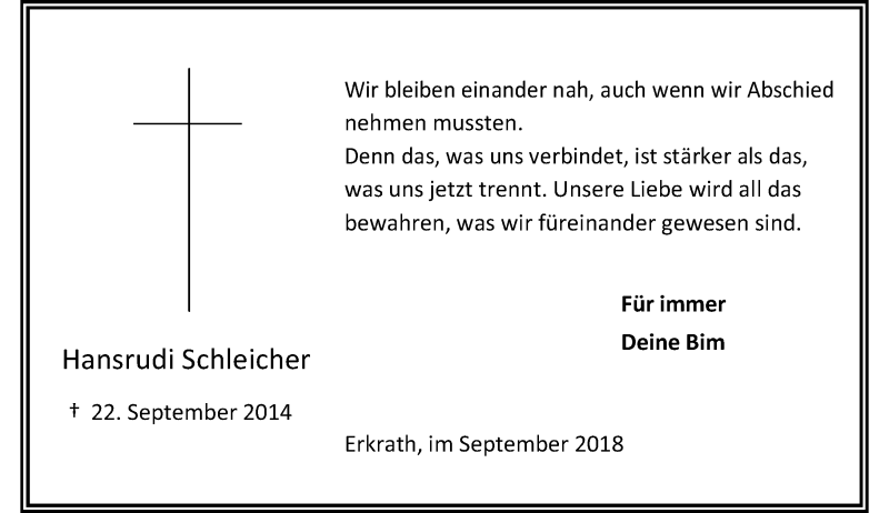 Traueranzeige für Hansrudi Schleicher vom 22.09.2018 aus Rheinische Post
